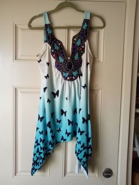 Blue Ombre Butterfly Handkerchief Hem Tank with Beaded Neckline